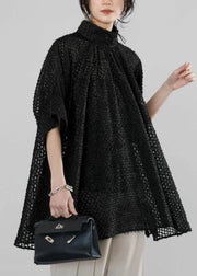 Handmade Black Stand Collar Tulle Sheer Shirt Half Sleeve