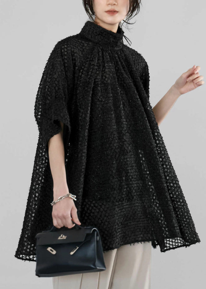 Handmade Black Stand Collar Tulle Sheer Shirt Half Sleeve