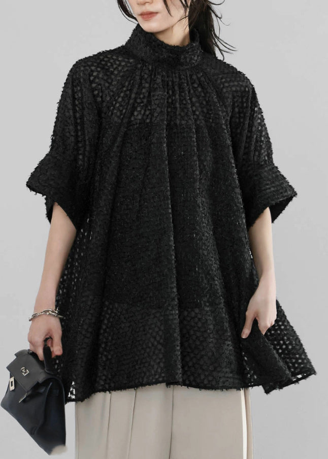 Handmade Black Stand Collar Tulle Sheer Shirt Half Sleeve