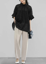 Handmade Black Stand Collar Tulle Sheer Shirt Half Sleeve
