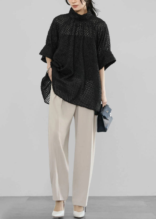Handmade Black Stand Collar Tulle Sheer Shirt Half Sleeve