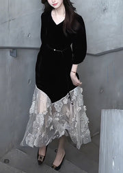 Handmade Black V Neck Floral Tulle Patchwork Silk Velvet Long Dress Bracelet Sleeve