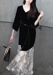 Handmade Black V Neck Floral Tulle Patchwork Silk Velvet Long Dress Bracelet Sleeve
