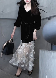 Handmade Black V Neck Floral Tulle Patchwork Silk Velvet Long Dress Bracelet Sleeve
