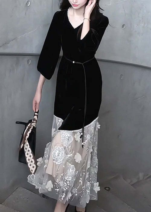 Handmade Black V Neck Floral Tulle Patchwork Silk Velvet Long Dress Bracelet Sleeve