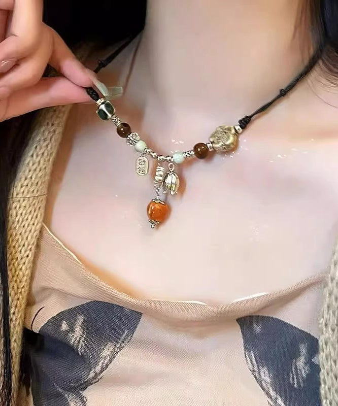 Handmade Black Weave Alloy Ceramics Beads Pendant Necklace