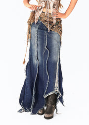 Handmade Blue Asymmetrical Patchwork Tassel Denim Maxi Skirts