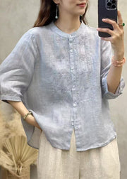 Handmade Blue Embroidered Linen Tops Half Sleeve