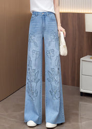 Handmade Blue Embroidered Zircon Denim Pants Fall