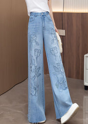 Handmade Blue Embroidered Zircon Denim Pants Fall