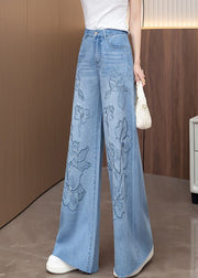 Handmade Blue Embroidered Zircon Denim Pants Fall