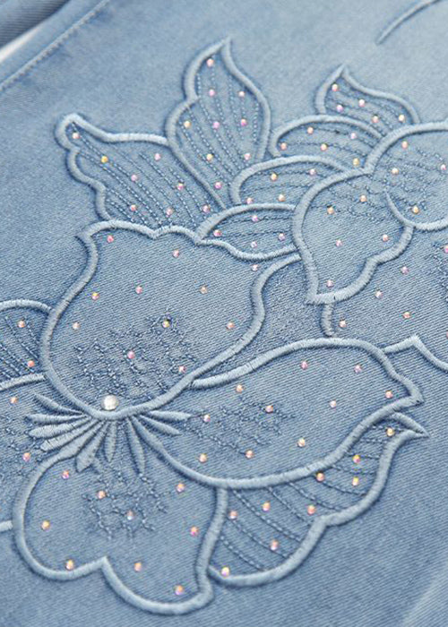 Handmade Blue Embroidered Zircon Denim Pants Fall