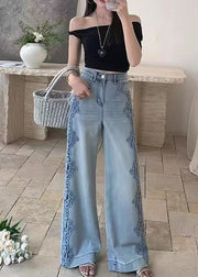 Handmade Blue Hollow Out Lace Patchwork Denim Pants Fall