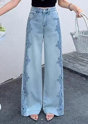 Handmade Blue Hollow Out Lace Patchwork Denim Pants Fall
