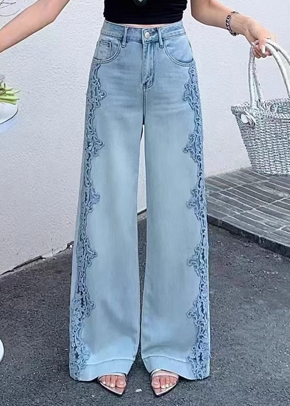 Handmade Blue Hollow Out Lace Patchwork Denim Pants Fall