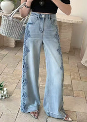 Handmade Blue Hollow Out Lace Patchwork Denim Pants Fall