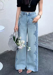 Handmade Blue Hollow Out Lace Patchwork Denim Pants Fall