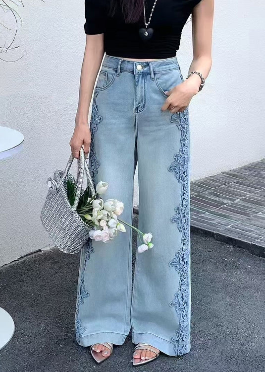 Handmade Blue Hollow Out Lace Patchwork Denim Pants Fall
