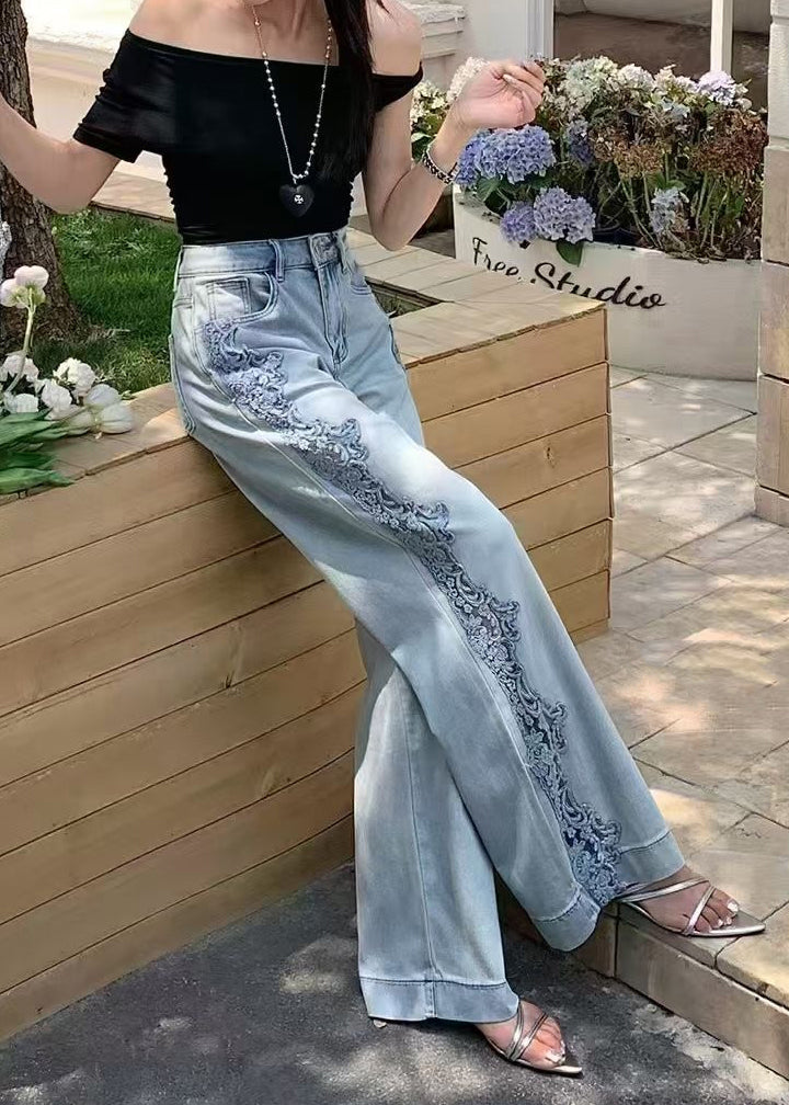 Handmade Blue Hollow Out Lace Patchwork Denim Pants Fall