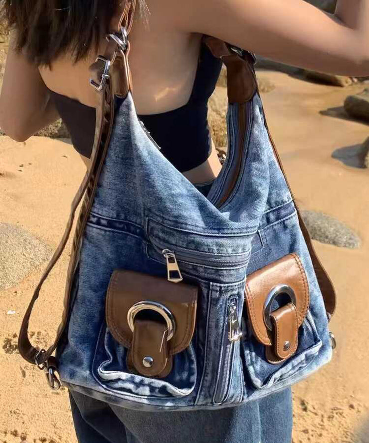 Handmade Blue Large Capacity Versatile Denim Satchel Handbag