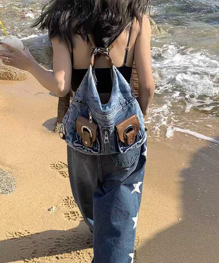 Handmade Blue Large Capacity Versatile Denim Satchel Handbag
