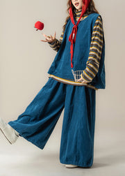 Handmade Blue O Neck Vest T Shirt Pants Corduroy Women Sets 3 Pieces Fall