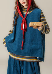 Handmade Blue O Neck Vest T Shirt Pants Corduroy Women Sets 3 Pieces Fall