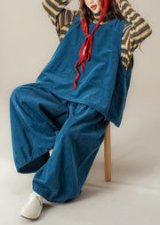 Handmade Blue O Neck Vest T Shirt Pants Corduroy Women Sets 3 Pieces Fall