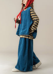 Handmade Blue O Neck Vest T Shirt Pants Corduroy Women Sets 3 Pieces Fall