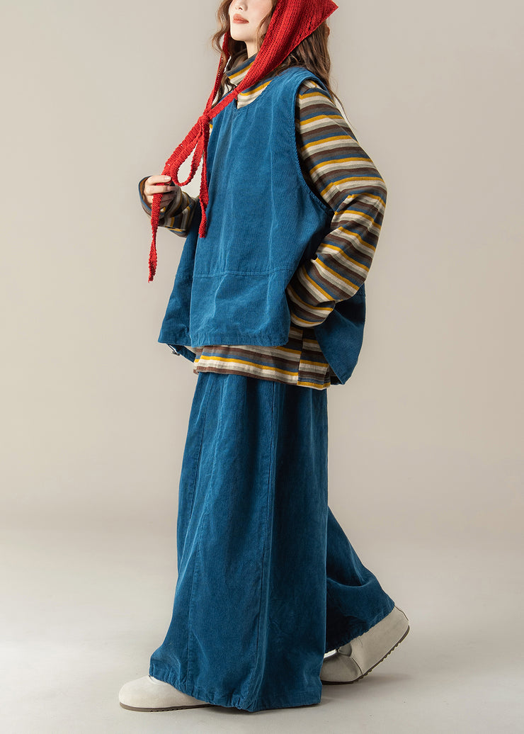 Handmade Blue O Neck Vest T Shirt Pants Corduroy Women Sets 3 Pieces Fall