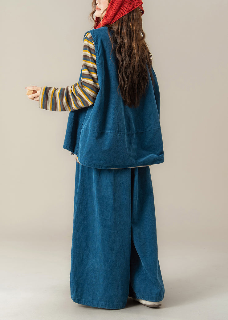 Handmade Blue O Neck Vest T Shirt Pants Corduroy Women Sets 3 Pieces Fall