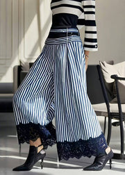 Handmade Blue Striped Patchwork Cotton Wide Leg Pants Spring