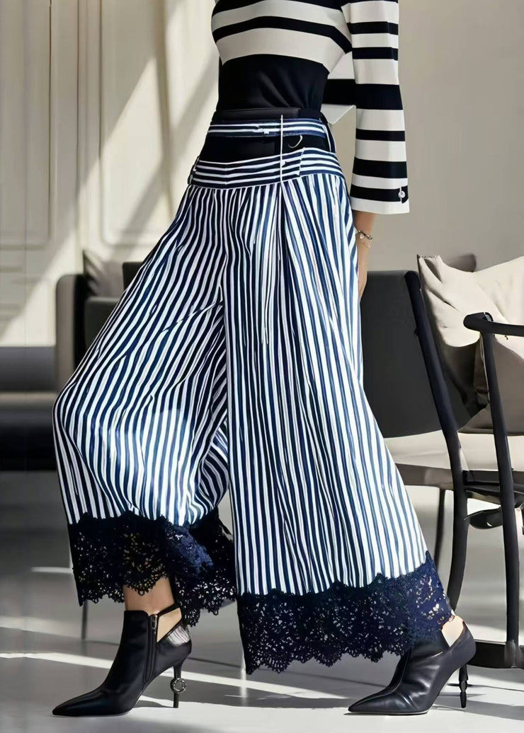 Handmade Blue Striped Patchwork Cotton Wide Leg Pants Spring