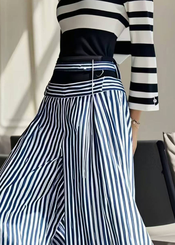 Handmade Blue Striped Patchwork Cotton Wide Leg Pants Spring
