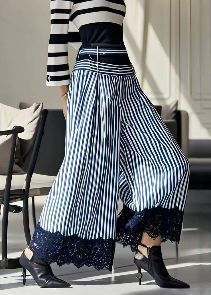 Handmade Blue Striped Patchwork Cotton Wide Leg Pants Spring