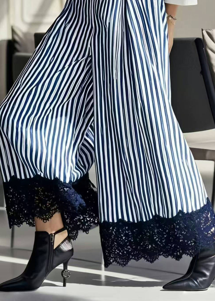 Handmade Blue Striped Patchwork Cotton Wide Leg Pants Spring
