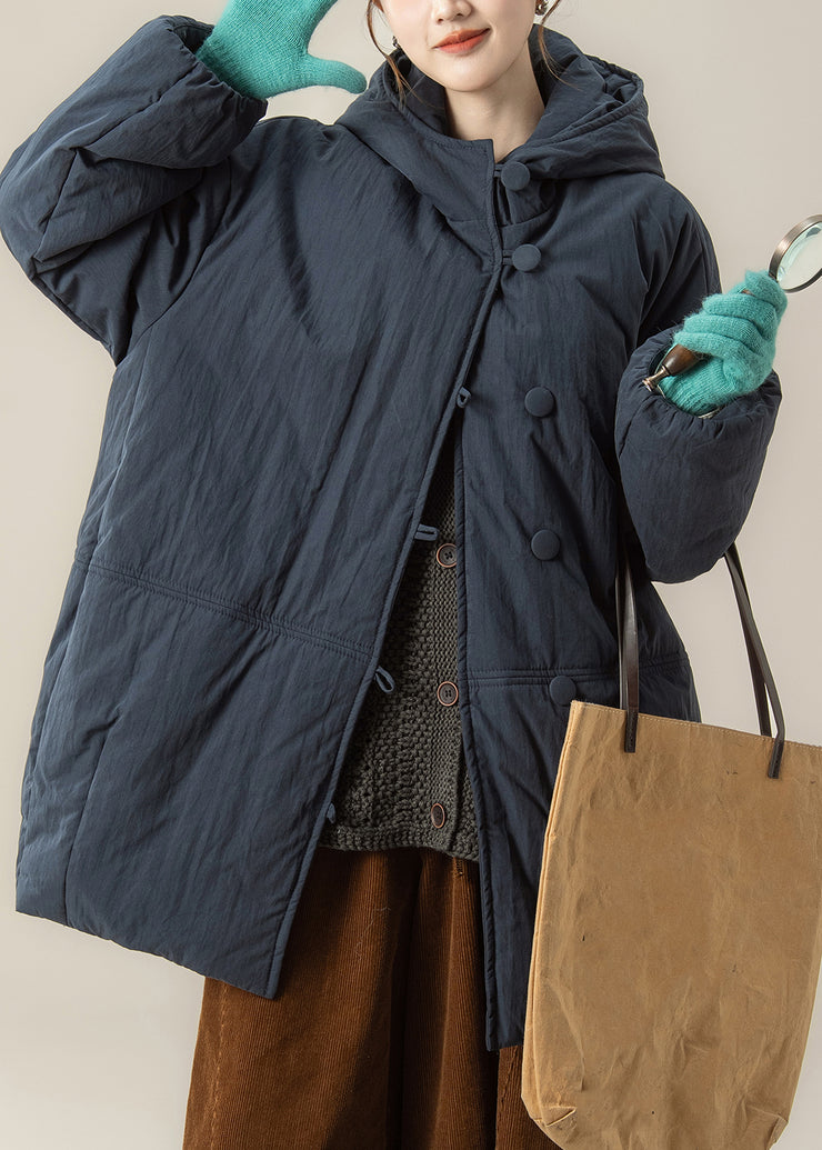 Handmade Blue Thick Warm Hooded Parkas Lantern Sleeve