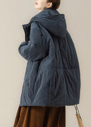 Handmade Blue Thick Warm Hooded Parkas Lantern Sleeve
