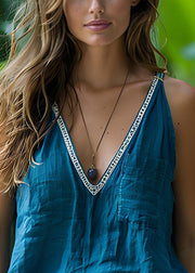 Handmade Blue V Neck Patchwork Cotton Tank Top Summer