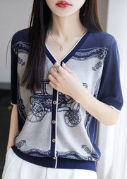 Handmade Blue V Neck Print Button Knit Tank Summer