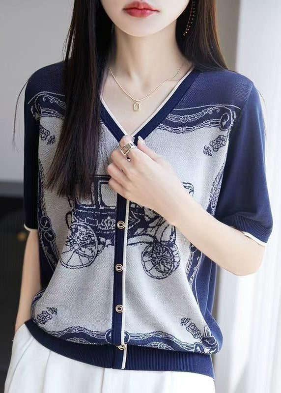 Handmade Blue V Neck Print Button Knit Tank Summer
