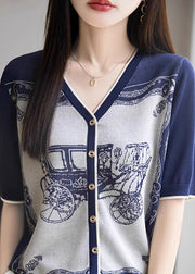 Handmade Blue V Neck Print Button Knit Tank Summer