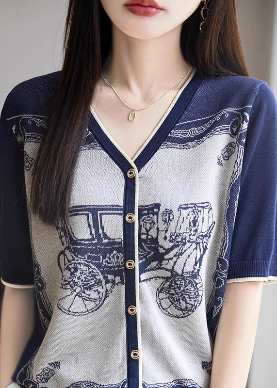 Handmade Blue V Neck Print Button Knit Tank Summer