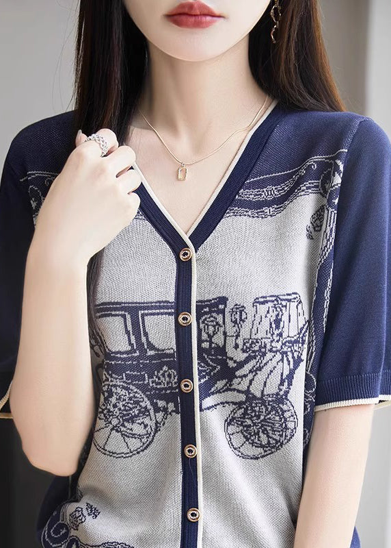 Handmade Blue V Neck Print Button Knit Tank Summer