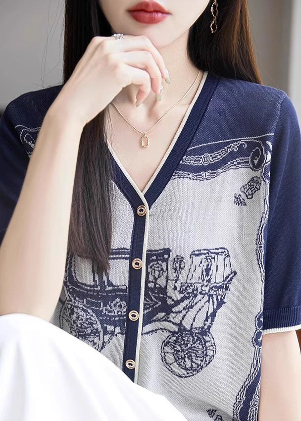 Handmade Blue V Neck Print Button Knit Tank Summer