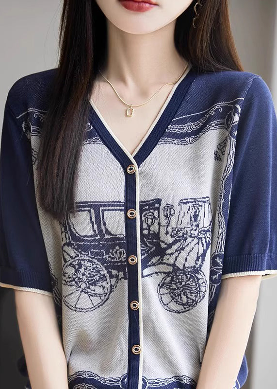 Handmade Blue V Neck Print Button Knit Tank Summer