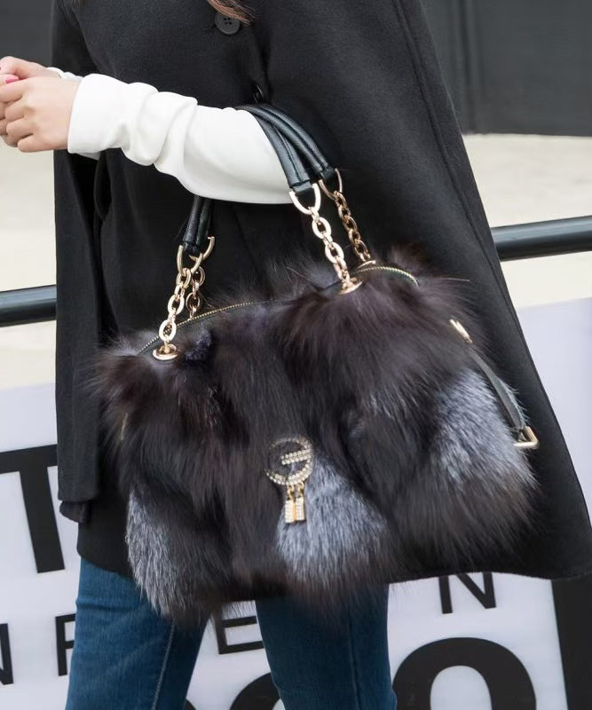Handmade Boutique Grey Fox Fur Satchel Handbag