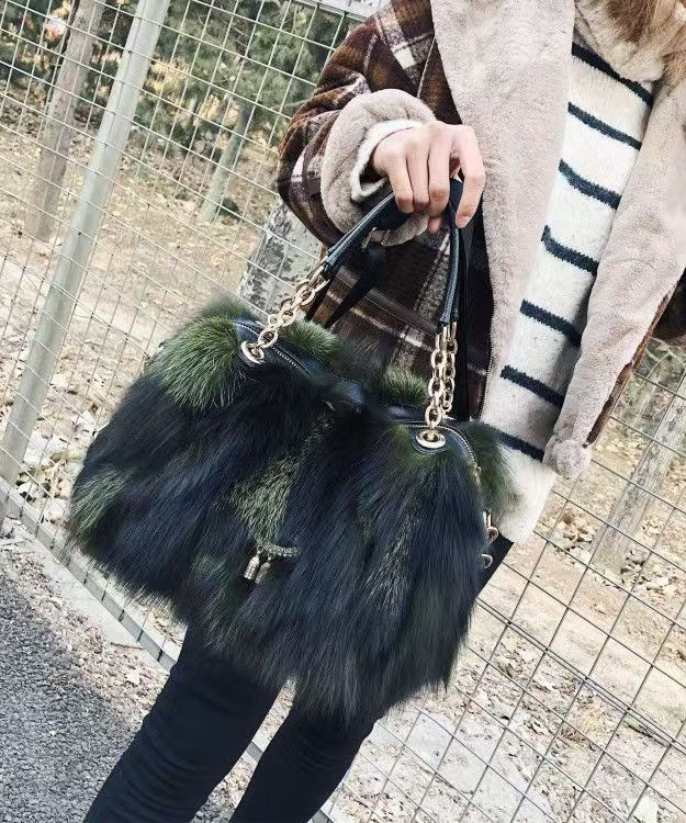 Handmade Boutique Grey Fox Fur Satchel Handbag