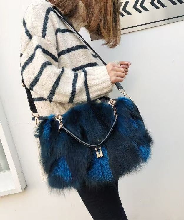 Handmade Boutique Grey Fox Fur Satchel Handbag