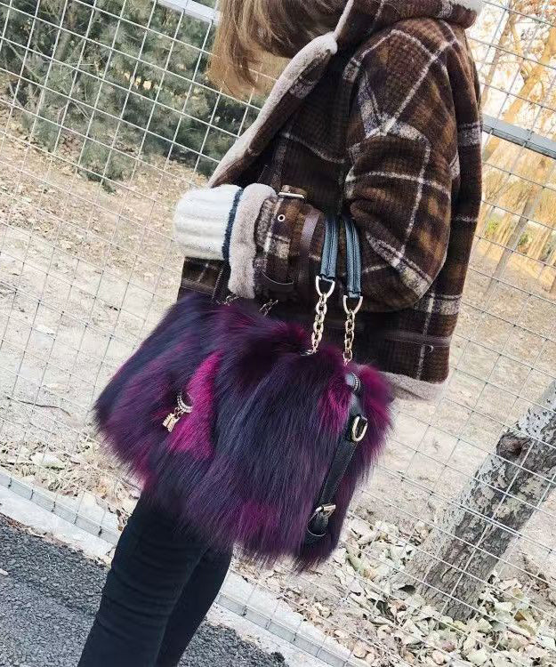 Handmade Boutique Grey Fox Fur Satchel Handbag